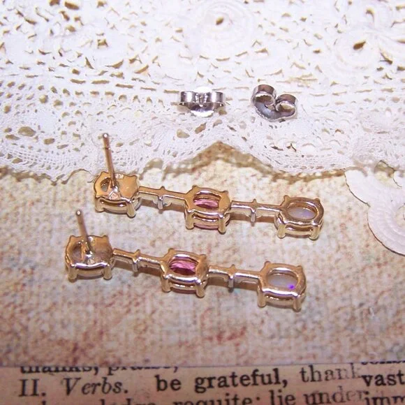 14K Gold Opal Diamond and Pink Tourmaline Dangle Drop Earrings - Posts with Nuts - Picture 11 of 11